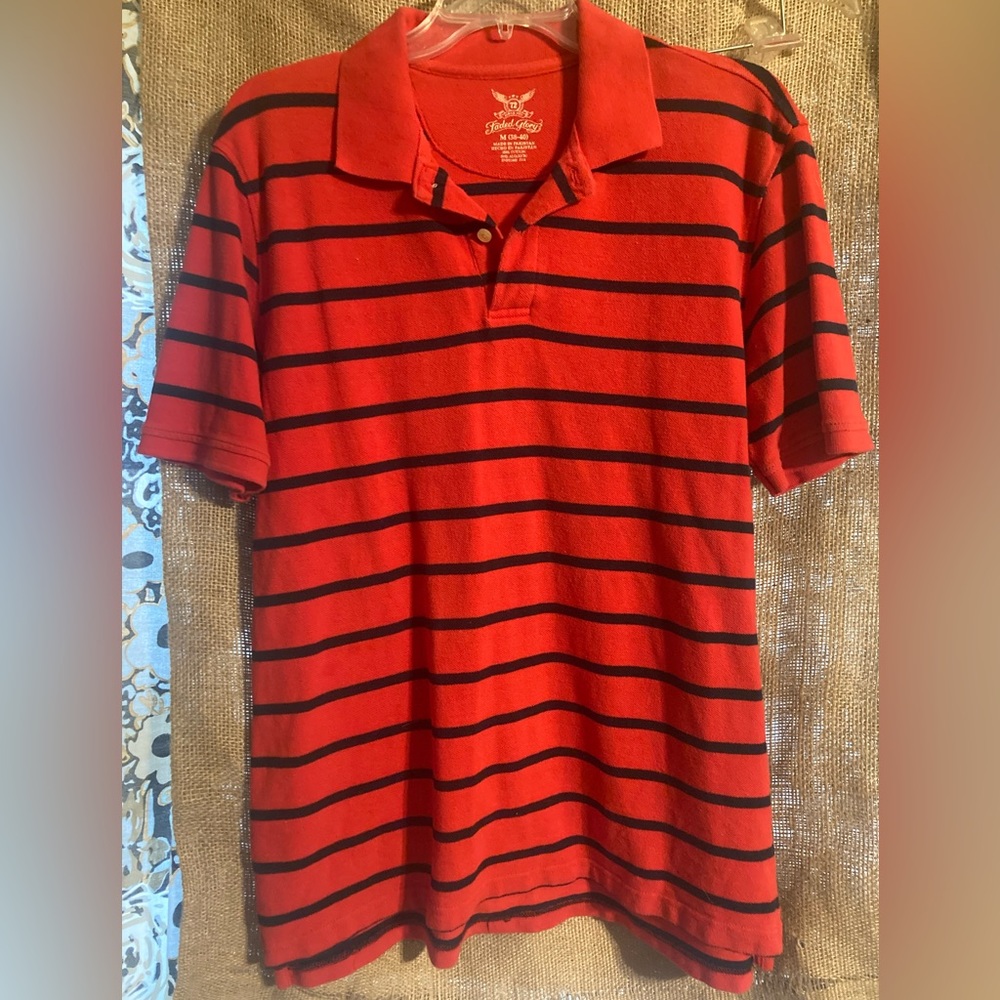 Men’s red polo shirt with navy stripes